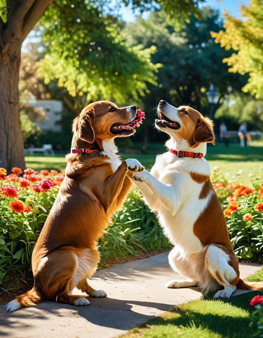 A heartwarming scene of a dog and its owner in a sunlit park, showcasing a strong bond through playful interaction and affectionate gestures. The dog is performing a trick, while the owner smiles joyfully, surrounded by vibrant greenery and colorful flowers. Emphasize the joyful expressions and the connection between them. super-realistic. vibrant colors. natural background.