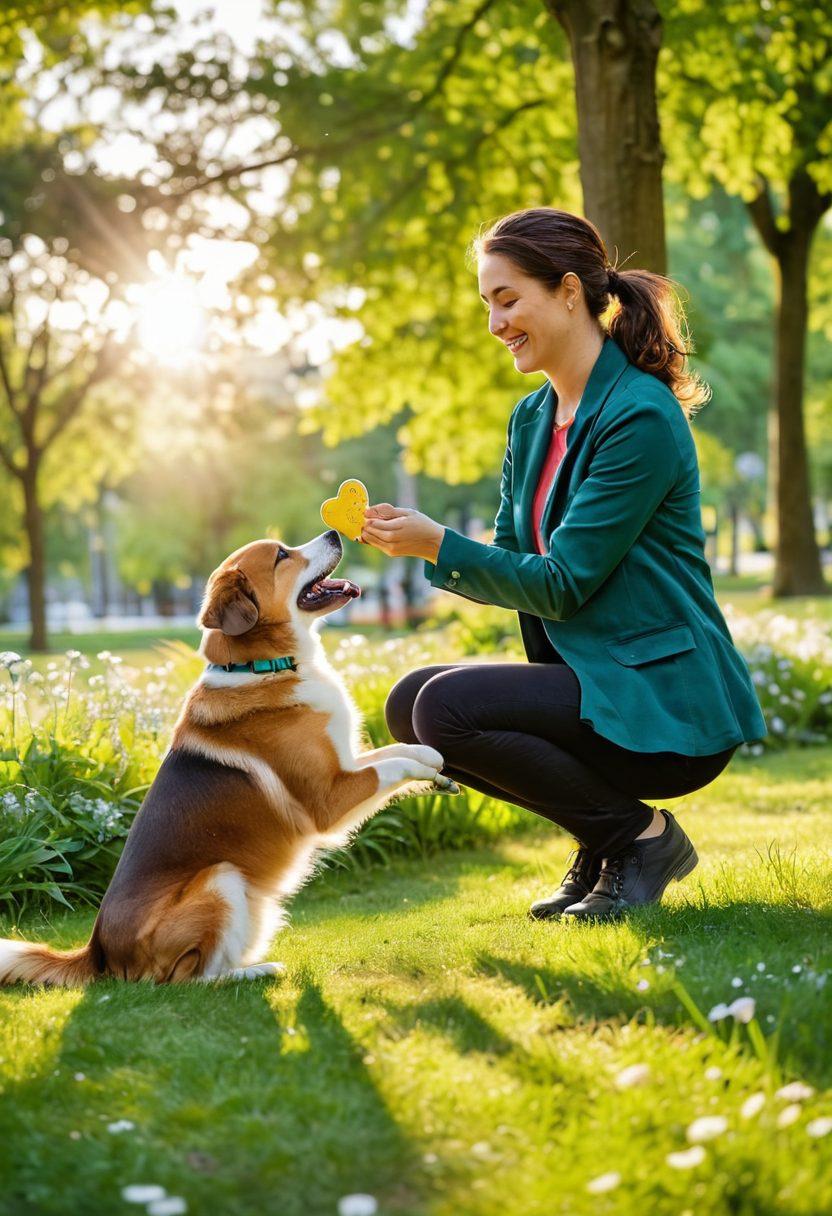 A heartwarming scene of a person lovingly training a happy dog in a sunlit park. The person, smiling and kneeling, is holding a treat while the dog sits attentively, showcasing a bond of trust and affection. Surrounding them are vibrant green trees and blooming flowers, illustrating a serene and joyful atmosphere. Include playful dog toys scattered around to add a cheerful touch. super-realistic. vibrant colors. natural setting.