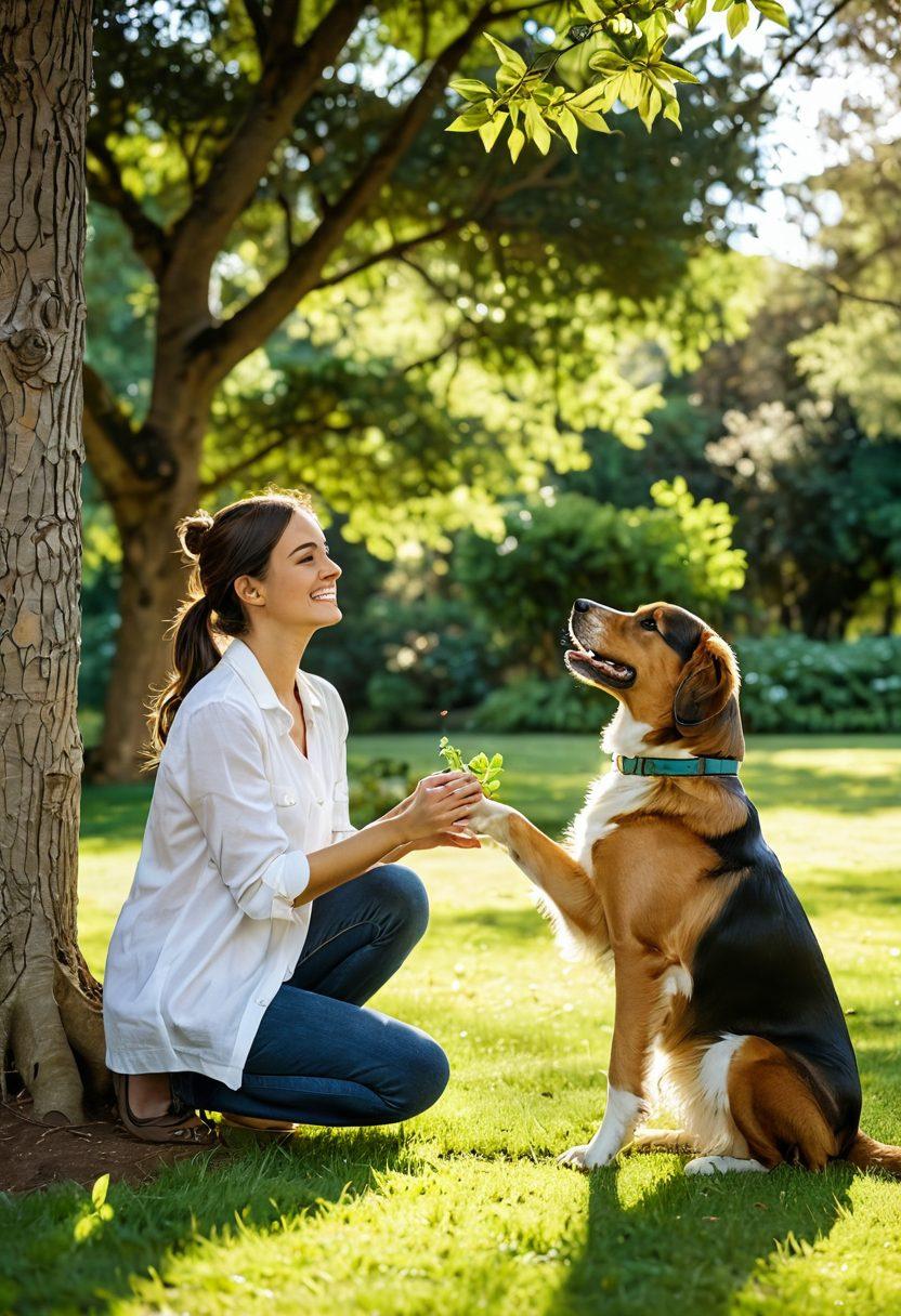 A serene scene featuring a dog and its owner engaged in a heartfelt training moment, surrounded by a lush green park. The owner is smiling, kneeling down and gently offering a treat, while the dog looks eagerly up with trust and affection. Soft sunlight filters through the trees, casting a warm glow around them, symbolizing harmony and connection. Include playful elements like butterflies and flowers to evoke a sense of joy. super-realistic. vibrant colors. natural setting.